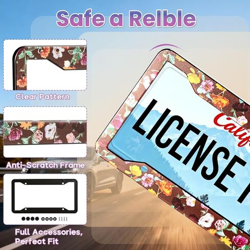 License Plate Frame for Car, Floral License Plate Frame with Screws for Standard Us Canada License Plate Holder, Stainless Steel Car Accessories for Men & Women (1 Pcs) in Saudi Arabia