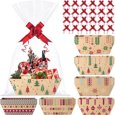 24 Set Christmas Gift Baskets Empty 10x7 Inch, Kraft Paper Christmas Gifts Baskets with Cellophane Bags and Red Pull Bows, Reusable Gift Wrapping for Xmas Holiday Winter Party Supplies in Kuwait