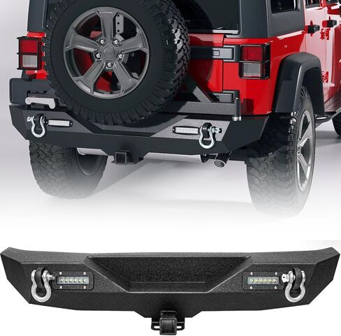 Rear Bumper For 2007-2018 Jeep Wrangler JK JKU Unlimited Paintable Armor, D-Rings Off-Road Equipped With D-Rings, 2" Hitch Receiver & LED Lights in Saudi Arabia