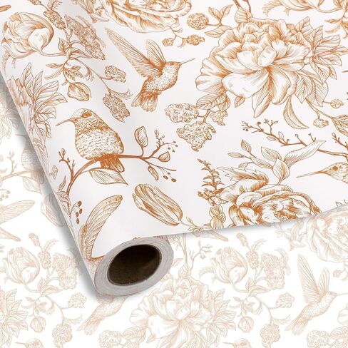 FYSUIMU Orange Floral Wrapping Paper -Mini Roll- 17 In x 32.8 Ft Chinoiserie Birds Flower Gift Wrap Paper for Wedding Baby Shower Birthday Party Wrapping Supplies in Saudi Arabia
