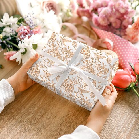 FYSUIMU Orange Floral Wrapping Paper -Mini Roll- 17 In x 32.8 Ft Chinoiserie Birds Flower Gift Wrap Paper for Wedding Baby Shower Birthday Party Wrapping Supplies in Saudi Arabia