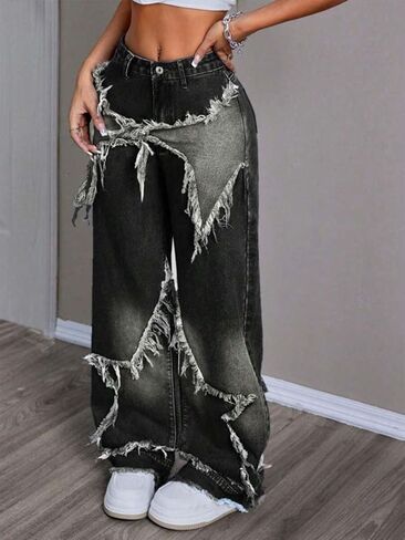 Y2K فضفاض الجينز النساء والرجال ستار التصحيح الجمالية عالية الخصر مستقيم الساق السراويل خمر أزياء الجرونج الشارع الشهير. in Kuwait