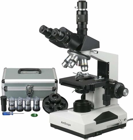 AmScope T490A-PCS Compound Trinocular Microscope, WF10x and WF16x Eyepieces, 40X-1600X Magnification, Brightfield, Halogen Illumination, Abbe Condenser, Double-Layer Mechanical Stage, Sliding Head, High-Resolution Optics, Includes 3 Phase-Contrast Objecti in Kuwait