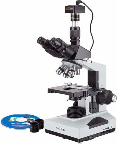 AmScope T490A-PCS Compound Trinocular Microscope, WF10x and WF16x Eyepieces, 40X-1600X Magnification, Brightfield, Halogen Illumination, Abbe Condenser, Double-Layer Mechanical Stage, Sliding Head, High-Resolution Optics, Includes 3 Phase-Contrast Objecti in Kuwait
