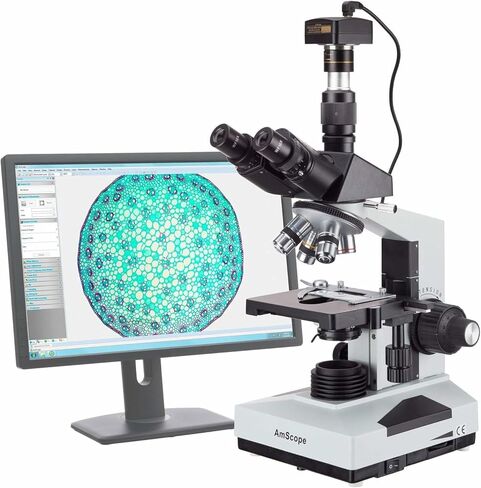 AmScope T490A-PCS Compound Trinocular Microscope, WF10x and WF16x Eyepieces, 40X-1600X Magnification, Brightfield, Halogen Illumination, Abbe Condenser, Double-Layer Mechanical Stage, Sliding Head, High-Resolution Optics, Includes 3 Phase-Contrast Objecti in Kuwait