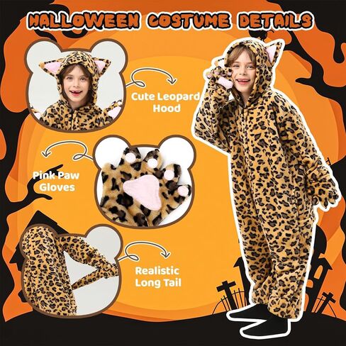 زي الفهد للأطفال، زي الفهد من الفلانيل مع قفازات بغطاء للرأس ومخلب، ملصقات للوجه، زي قطة للبنات والأولاد in Kuwait