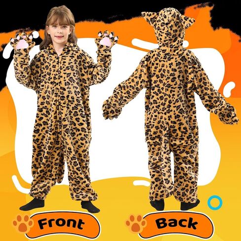 زي الفهد للأطفال، زي الفهد من الفلانيل مع قفازات بغطاء للرأس ومخلب، ملصقات للوجه، زي قطة للبنات والأولاد in Kuwait