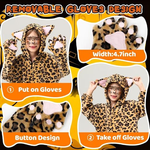 زي الفهد للأطفال، زي الفهد من الفلانيل مع قفازات بغطاء للرأس ومخلب، ملصقات للوجه، زي قطة للبنات والأولاد in Kuwait