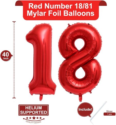 40 Inch Red 18 Number Balloons Giant 18 Balloons Red Birthday 18 Balloons 18th Birthday Anniversary Party Decorations Supplies in Saudi Arabia
