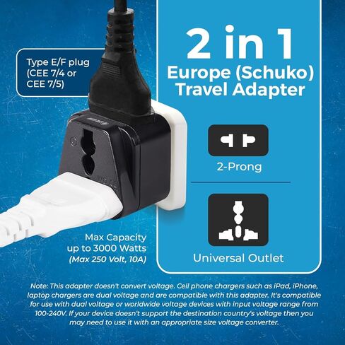 OREI USA إلى أوروبا (Schuko) (النوع E/F) قابس محول السفر - 2 في 1 - معتمد من CE - متوافق مع RoHS - 4 عبوات - اللون الأبيض (DB-9-4PK) (بيج) in Kuwait