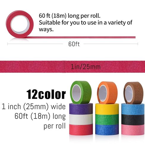 12 Rolls Colored Masking Tape, 720 Feet x 1 Inch Masking Tape,Vibrant Colorful Painters Tape, Graphic Artist Craft Tape Roll, Classroom Home Decorations in Saudi Arabia