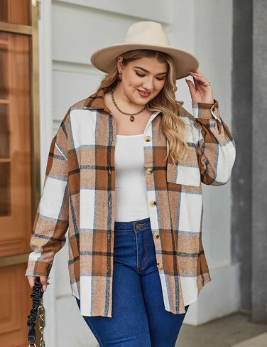 IN'VOLAND Women's Plus Size Plaid Shacket Long Sleeve Button Down Flannel Shirts Casual Jacket Coats in Kuwait