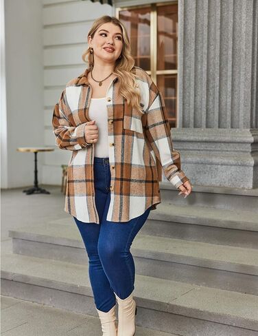 IN'VOLAND Women's Plus Size Plaid Shacket Long Sleeve Button Down Flannel Shirts Casual Jacket Coats in Kuwait