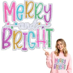 9.8" Merry and Bright Christmas Iron On Patches - Sequin Christmas Letter Applique with Strong Adhesive, Heat Transfer or Sew On Patch for Clothing, Sweatshirts, Jackets, Holiday Crafts Gifts (1Pcs) in Saudi Arabia