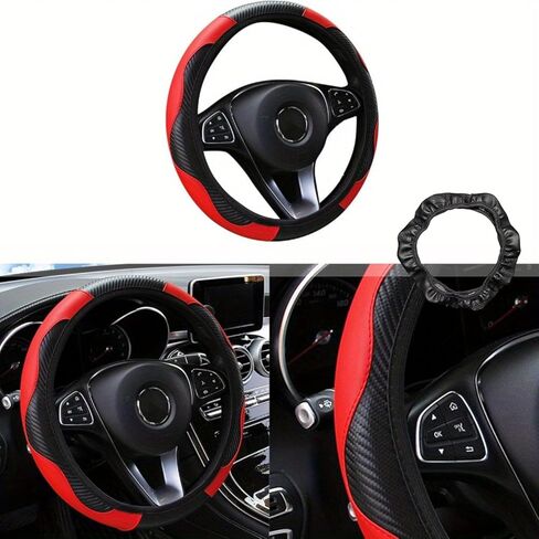 15 - inch Carbon Fiber - Look Microfiber PU Leather Elastic Steering Wheel Cover for All Cars - Anti - Slip & Breathable Red in Saudi Arabia
