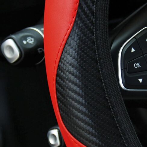 15 - inch Carbon Fiber - Look Microfiber PU Leather Elastic Steering Wheel Cover for All Cars - Anti - Slip & Breathable Red in Saudi Arabia