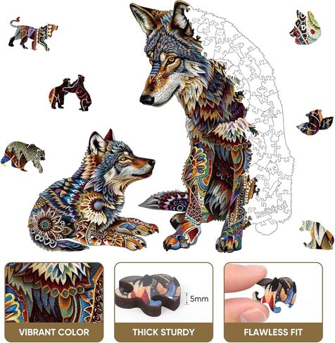 Ruikiyart Wolf Puzzle, 200 Pieces Wolf Family Wood Puzzles Adults, Animal Jigsaw Puzzles Games Unique Shaped Puzzle Holiday for Grandkids (11.2"x11.3") in Saudi Arabia