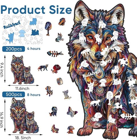 Ruikiyart Wolf Puzzle, 200 Pieces Wolf Family Wood Puzzles Adults, Animal Jigsaw Puzzles Games Unique Shaped Puzzle Holiday for Grandkids (11.2"x11.3") in Saudi Arabia