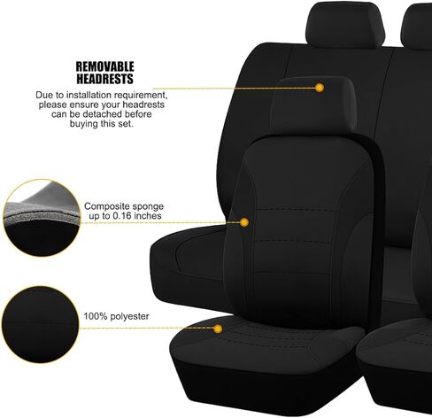Car Seat Cover Full Set, Fashion Soft Sponge Vehicle Front and Rear Split Bench with Removable Headrest Cover, Breathable Auto Seat Protector, Universal for Truck SUV Sedan (Beige/Black) in Saudi Arabia