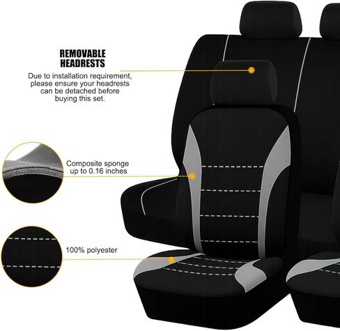 Car Seat Cover Full Set, Fashion Soft Sponge Vehicle Front and Rear Split Bench with Removable Headrest Cover, Breathable Auto Seat Protector, Universal for Truck SUV Sedan (Beige/Black) in Saudi Arabia