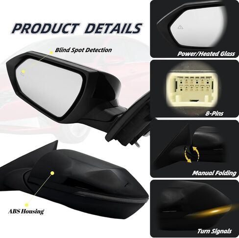 مرآة جانبية للركاب متوافقة مع 2021 2022 2023 2024 2025 Hyundai Elantra مع زجاج طاقة ساخن وإشارات انعطاف النقطة العمياء دليل قابل للطي 8 دبابيس باللون الأسود in Kuwait