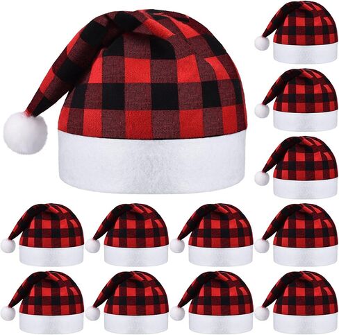 Skylety 12 Pieces Christmas Buffalo Plaid Santa Hats Classic Xmas Non Woven Fabric Hat Santa Plaid Cap for Xmas Holiday Party in Saudi Arabia