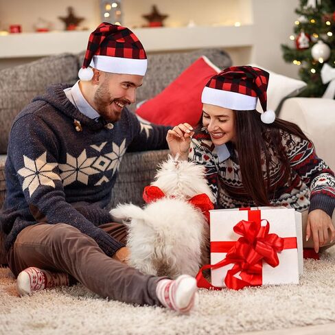 Skylety 12 Pieces Christmas Buffalo Plaid Santa Hats Classic Xmas Non Woven Fabric Hat Santa Plaid Cap for Xmas Holiday Party in Saudi Arabia