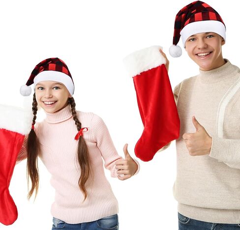Skylety 12 Pieces Christmas Buffalo Plaid Santa Hats Classic Xmas Non Woven Fabric Hat Santa Plaid Cap for Xmas Holiday Party in Saudi Arabia