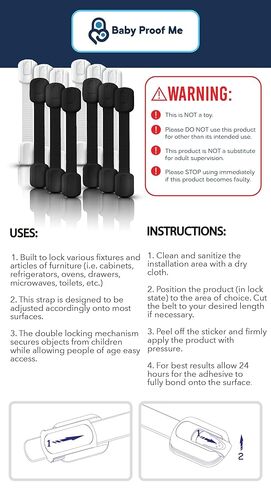 3M Adhesive Child Safety Strap Locks by Baby Proof Me, Baby Latches for Cabinets, Dishwashers, Fridges, Ovens and Trash Cans, Stain Free Toilet Lock (White, 24 Safety Latches) in Kuwait