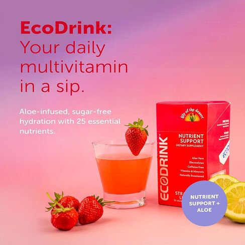 EcoDrink Multivitamin Energy Powder Drink Mix - Electrolytes Antioxidants Nutrients - Sugar and Caffeine Free - Peach Mango Flavor Powder, 30 Packets in Kuwait