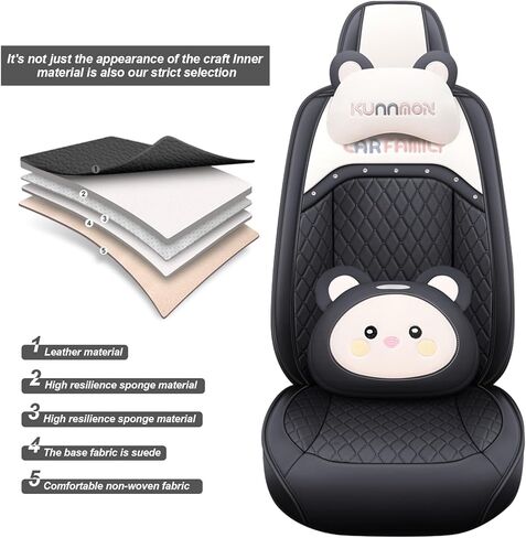 غطاء مقعد الدب الكرتوني 5 مقاعد جلد كامل مقاوم للماء أغطية مقاعد السيارة مجموعة كاملة من الجلد غطاء وسادة السيارة للسيارات سيارات الدفع الرباعي شاحنة البيك اب مجموعة عالمية (وردي) in Kuwait
