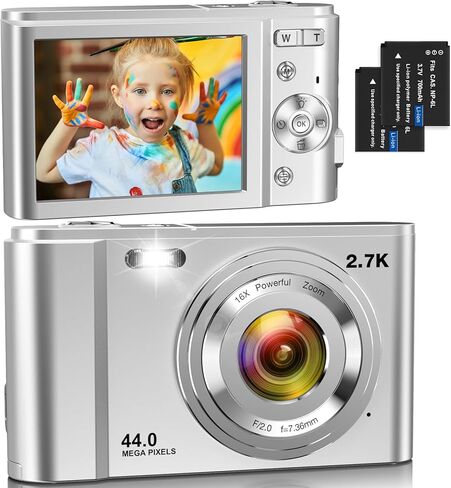 Digital Camera for Kids with 32GB Card FHD 1080P 48MP Autofocus Point and Shoot Camera with 2 Batteries, 16X Zoom, Compact Small Portable Camera for Kids Teens (Silver) in Saudi Arabia