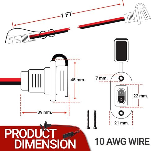 TMH 2 FT - 10 AWG SAE Connector Power Socket Sidewall Port, Flush Mount SAE Plug Adapter, Male to Female Extension Cable for Solar Generator Battery Charger with Mounting Screws (2 Pack) in Saudi Arabia