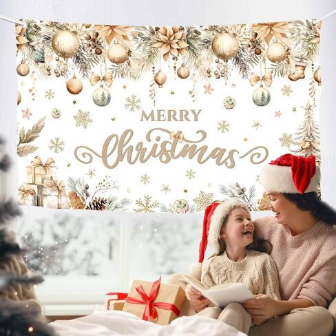 MEHOFOND Merry Christmas Party Backdrop, Gold Snowflakes Christmas Tree Merry Xmas Photo Photography Background Boho Merry Christmas Party Banner 5.9x3.6ft in Saudi Arabia