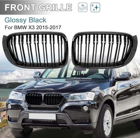 X AUTOHAUX 1 Pair Glossy Black Car Hood Kidney Bars Front Grille Double Line 4 Door for BMW X3 2015-2017 in Saudi Arabia