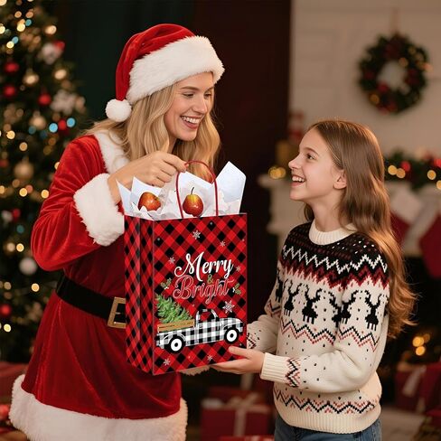 Funrous 24 حزمة من أكياس هدايا عيد الميلاد السائبة مع 30 قطعة من المناديل الورقية باللون الأحمر والأسود الجاموس منقوشة حقيبة هدايا للعطلات مع مقبض صغير كرافت جودي كاندي علاج حقيبة ورقية لصالح الحفلات لتغليف هدايا عيد الميلاد in Saudi Arabia