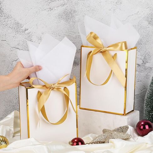 OEMVALATY 6 قطع حقائب هدايا شكرًا لك مع مقابض ومناديل ورقية مقاس 9 × 7 × 3. حقائب هدايا ترحيب معدنية مقاس 15 بوصة مع شريط فيونكة لحفلات الزفاف وحفلات الزفاف وحفلات أعياد الميلاد (أبيض، ذهبي) in Kuwait