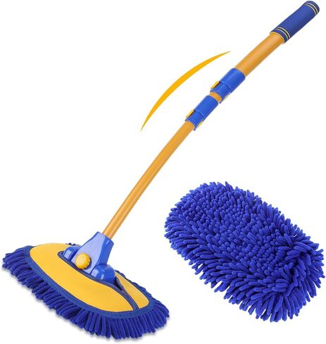 15° Curved Car Wash Brush with 43" Telescopic Handle – Microfiber Chenille Car Wash Mop for RV, SUV, Truck & Boat – Soft, Scratch-Free Extendable Cleaning Tool (Blue&Yellow) in Saudi Arabia