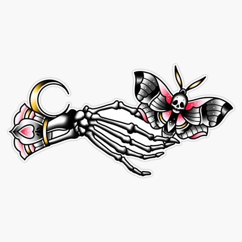 Skull Moth And Skeleton Hand With Moon Vintage Cute Traditional Flash Tattoo Sticker Vinyl Waterproof Sticker Decal Car Laptop Wall Window Bumper Sticker 5" in Saudi Arabia