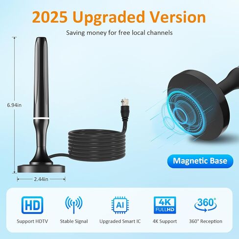 2026 Digital TV Antenna for Smart Tv Indoor TV Antenna for Tv Without Cable with Strong Magnetic Base, 360° Reception HD TV Antennas for Local Channels Support 4K 1080P, 10FT Long Cables in Saudi Arabia