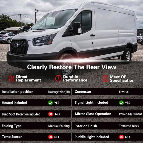Marretoo Passenger Right Side Door Mirror replacement for 2015-2025 Ford Transit 150 250 350 350 HD Cargo Van 6 pins Power Glass,Heated,Signal Light Short Arm Textured Black FO1321552 in Saudi Arabia