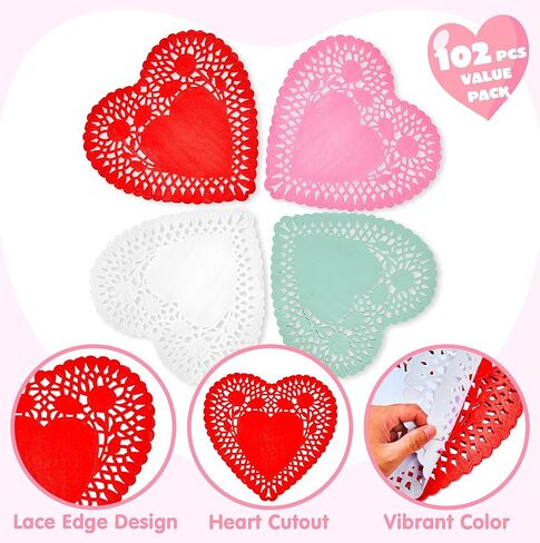 JOYIN 102 PCS 10" Valentines Day Heart Doilies, Tableware Decoration, Home Activitie, Kitchen Disposable Table Crafts, Red White Pink Heart Doilies in Saudi Arabia