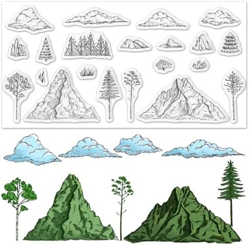Mountain Cloud Clear Stamps for Card Making Individual Mountain Trees Rubber Stamps Trees Cloud Transparent Silicone Seals for Gift Card DIY Scrapbooking Embossing Cards Album Craft Supplies in Saudi Arabia