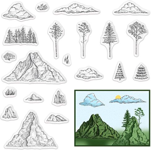 Mountain Cloud Clear Stamps for Card Making Individual Mountain Trees Rubber Stamps Trees Cloud Transparent Silicone Seals for Gift Card DIY Scrapbooking Embossing Cards Album Craft Supplies in Saudi Arabia