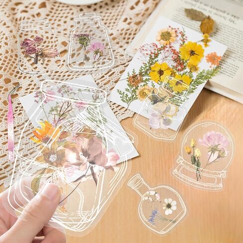 Transparent Dried Flower Bookmarks, 60pcs Dried Flower Bookmark Kit DIY, Handmade Dried Flower Bookmarks Include Tweezer for Pressed Flowers, Handmade Crafting, Unique Gifts for Readers in Saudi Arabia
