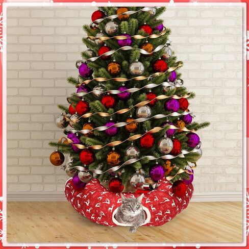 Cat Tunnel Bed Under Christmas Tree 3 ft x 3 ft x 10 Inch Cat Bed Tunnel with Hanging Ball Xmas Cat Donut Tunnel Round Cat Hideaway Holiday Circle Cat Cave in Saudi Arabia