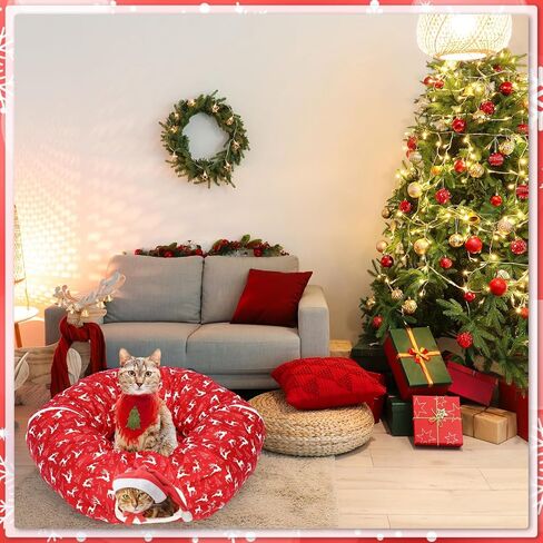 Cat Tunnel Bed Under Christmas Tree 3 ft x 3 ft x 10 Inch Cat Bed Tunnel with Hanging Ball Xmas Cat Donut Tunnel Round Cat Hideaway Holiday Circle Cat Cave in Saudi Arabia