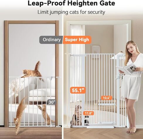 COMOMY 55.1" Extra Tall Pet Gate for Cats, 29.5-40.6" Extra Wide Cat Gate with Adjustable Cat Door, Pressure Mounted Easy Walk Through Pet Gate with Door for Stairs, Doorways, Kitchen(White) in Saudi Arabia