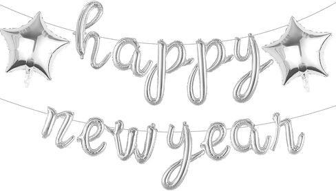 Happy New Year Balloons Silver 16inch Script Happy New Year Balloons Banner - Happy New Years Decorations 2026 Supplies in Saudi Arabia