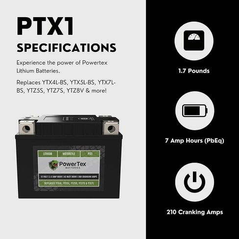 بطارية ليثيوم Powertex للدراجات النارية PTX1 تحل محل YTX4L-BS، YTX5L-BS، YTX7L-BS، YTZ5S، YTZ7S، وYTZ8V - BMS، 210 CCA، تشغيل داخلي، تصميم 4 محطات، أداء عالي وبطارية خفيفة الوزن in Saudi Arabia